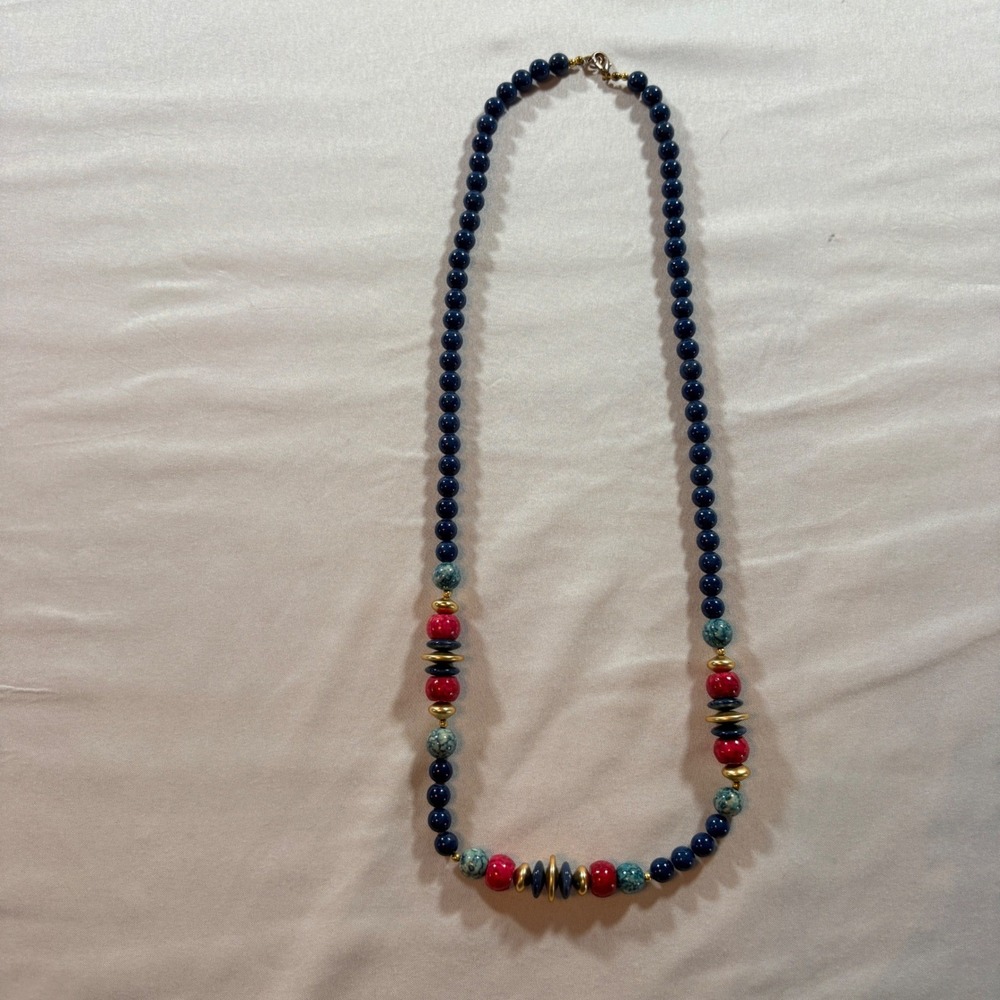 Unbranded Beaded Statement Necklace Womens‎ OS Navy Red Turquoise Gold Boho Long